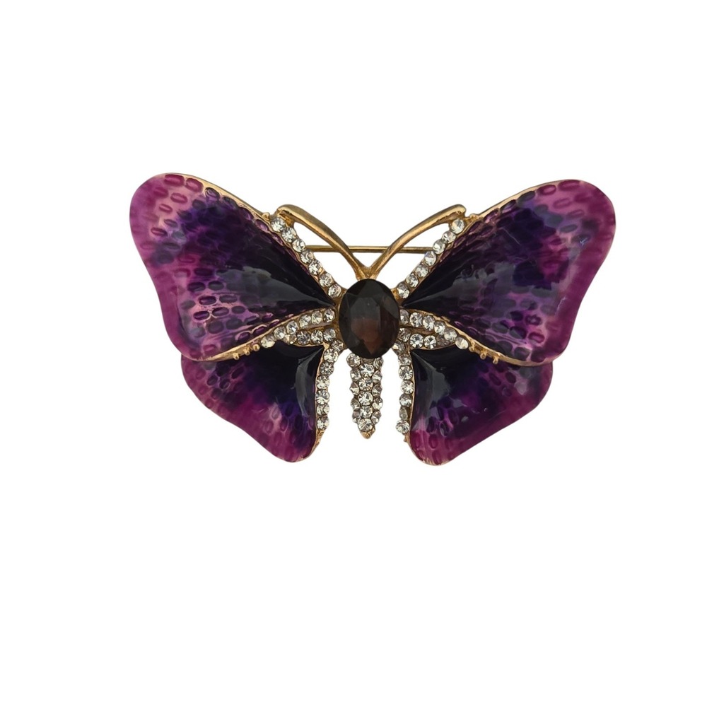 Purple Enamel Butterfly W Clear Rhinestones Gold Tone Fashion Brooch